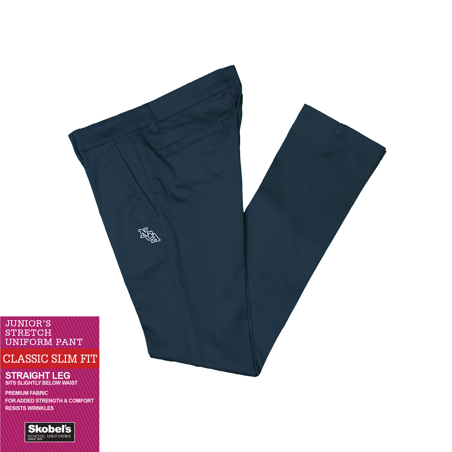 Junior Slim Straight Pants - Navy with New Covenant Academy logo
