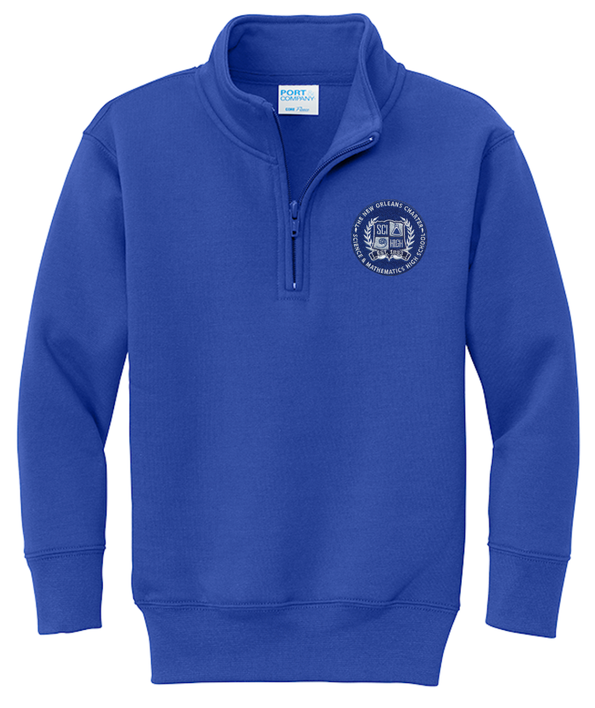 New Orleans Charter Science and Mathematics HS 1/4 Zip Sweatshirt w/ Crest Logo - Royal Blue - All Grades