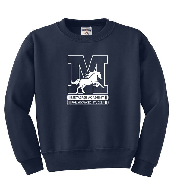 Metairie Academy Full Chest Crewneck Sweatshirt Navy 1st5th Grade