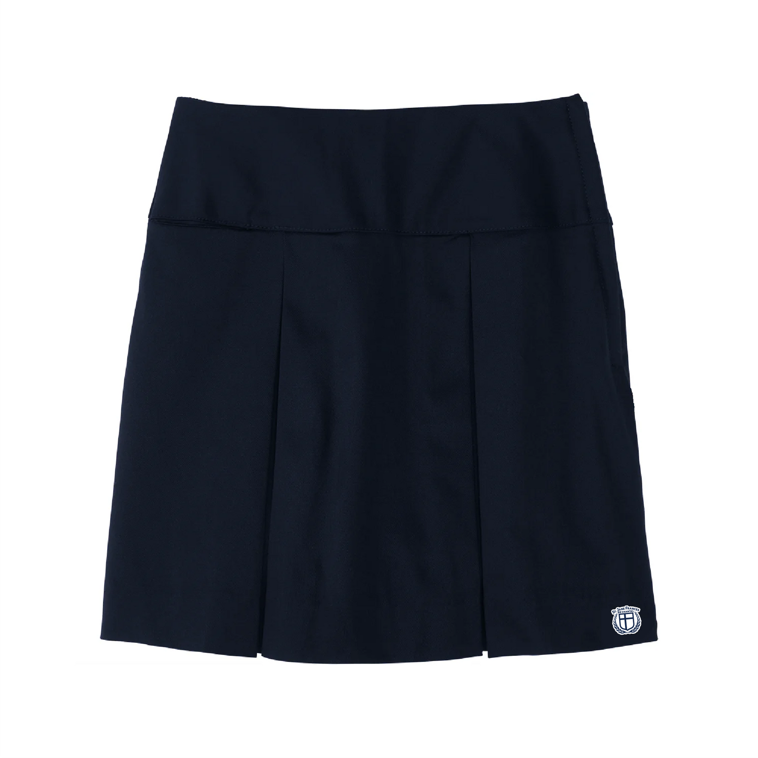 Drop Yoke Kick Pleat Skort - Navy with St. Jane Frances logo