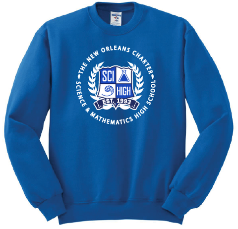 New Orleans Charter Science and Mathematics HS Crew Sweatshirt w/Full Chest Crest - Royal Blue - All Grades
