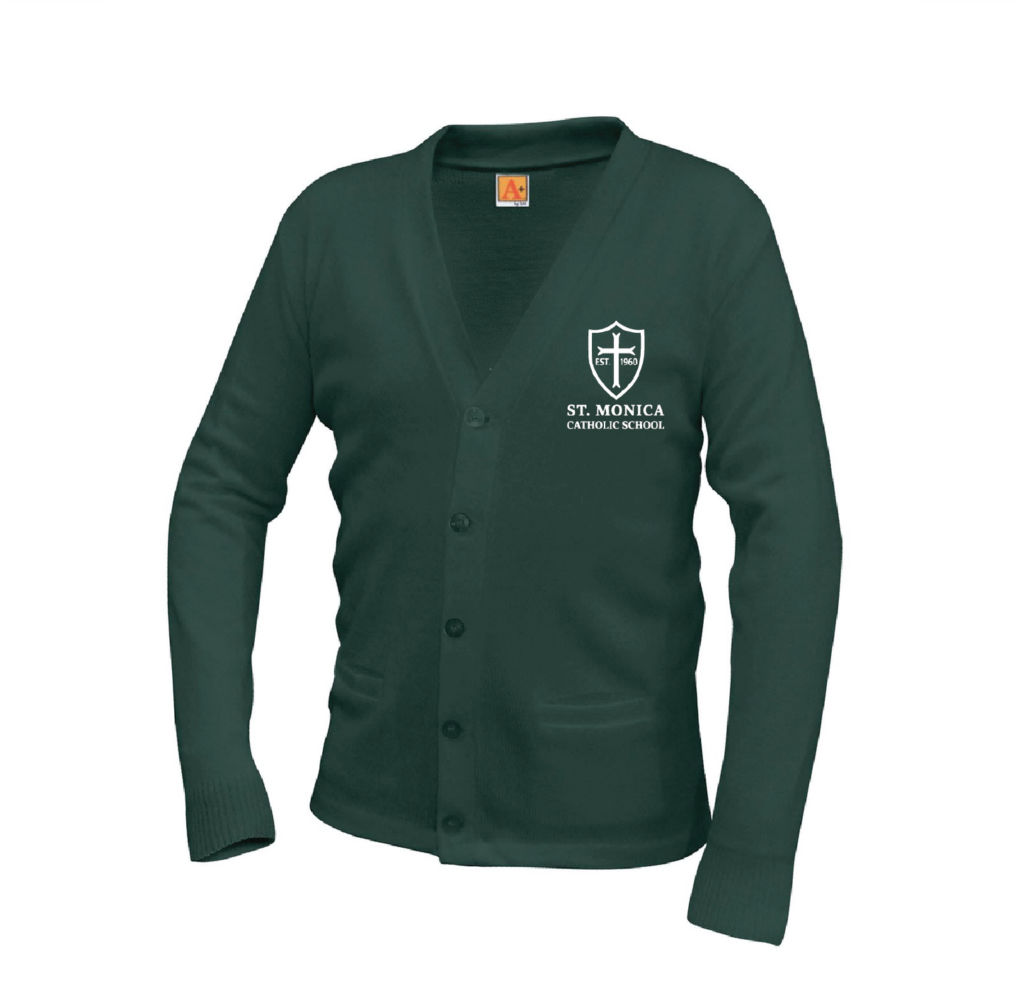 St. Monica Catholic School V-Neck Cardigan - A+ Dark Green