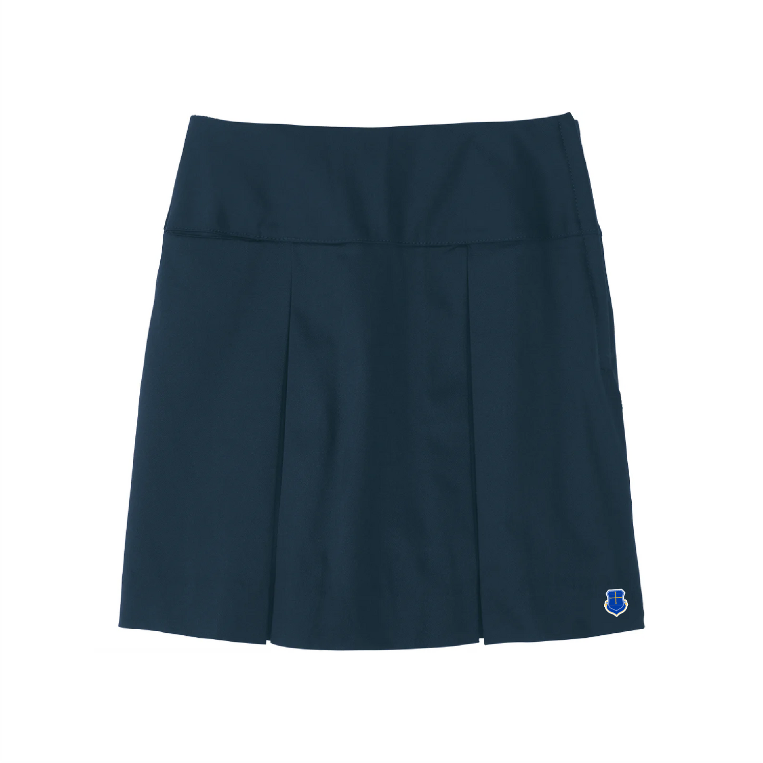 Drop Yoke Kick Pleat Skirt - Navy with Ascension Lutheran logo